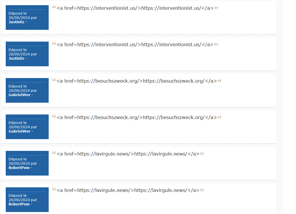 Figure 9 - Comment spam on a WordPress website containing links to various Doppelgänger websites